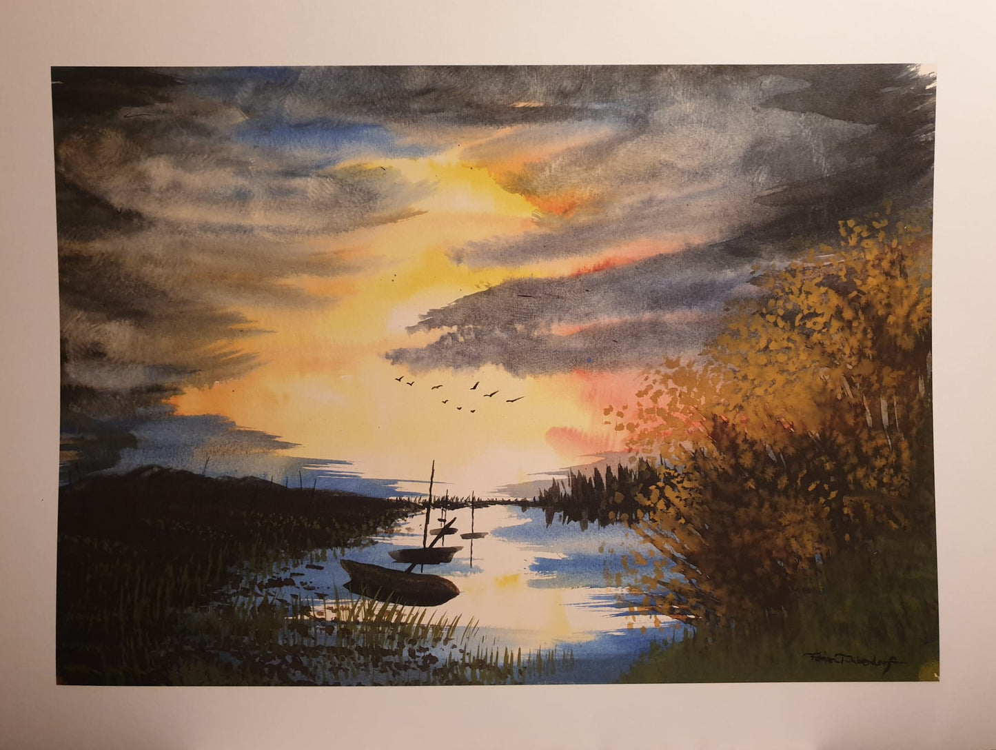 "Abend am See" 50x70cm, Druck sur hochwertigem Strukturpapier, 300g/qm, Aquarelle