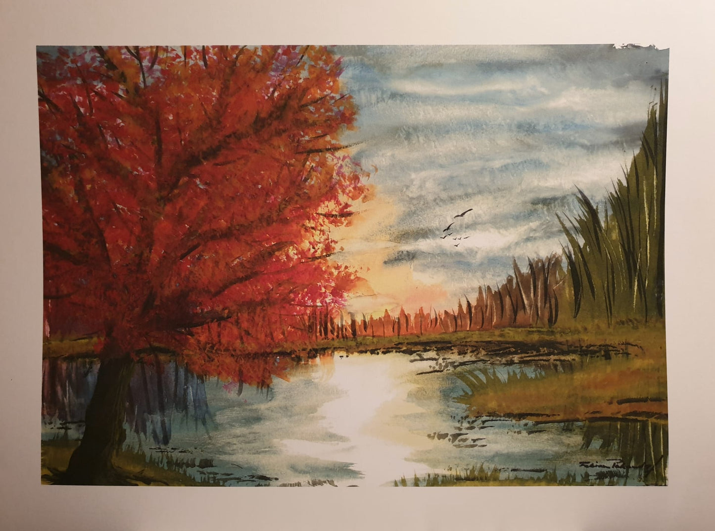 "Herbst am See" 50x70cm, Druck auf hochwertigem Strukturpapier, 300g/qm, Aquarellmalerei